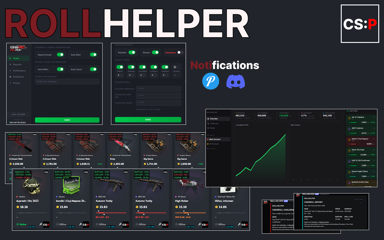RollHelper running on CSGORoll with the live pricing overlay